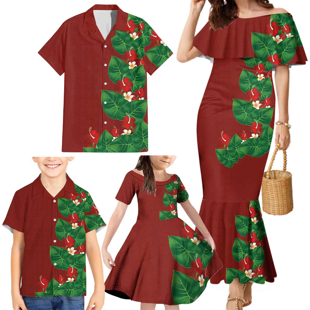 Hawaiian Taro Leaves-Hibiscus and Plumeria Family Matching Mermaid Dress and Hawaiian Shirt Polynesian Art-Kakau Tattoo Red