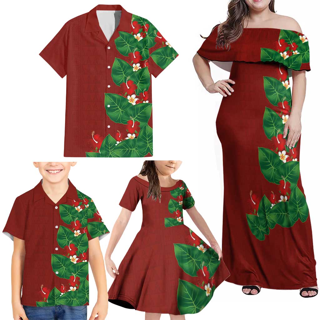 Hawaiian Taro Leaves-Hibiscus and Plumeria Family Matching Off Shoulder Maxi Dress and Hawaiian Shirt Polynesian Art-Kakau Tattoo Red