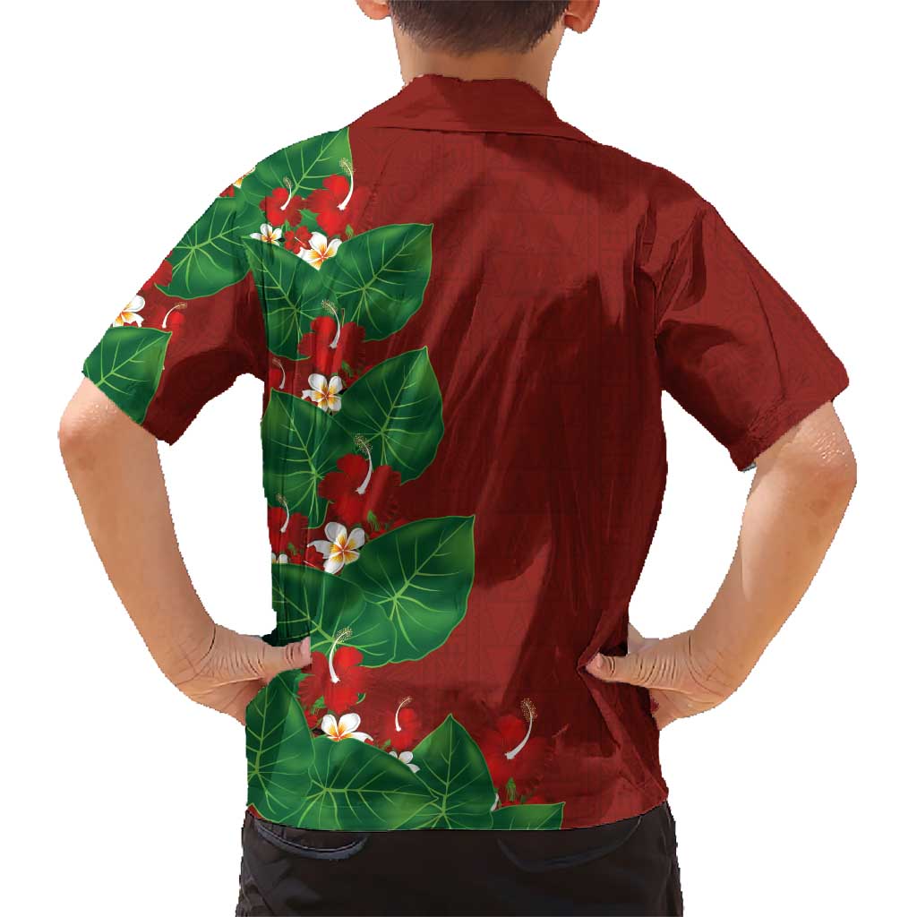 Hawaiian Taro Leaves-Hibiscus and Plumeria Family Matching Off Shoulder Short Dress and Hawaiian Shirt Polynesian Art-Kakau Tattoo Red