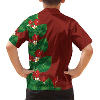 Hawaiian Taro Leaves-Hibiscus and Plumeria Family Matching Off Shoulder Short Dress and Hawaiian Shirt Polynesian Art-Kakau Tattoo Red