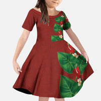 Hawaiian Taro Leaves-Hibiscus and Plumeria Family Matching Off Shoulder Short Dress and Hawaiian Shirt Polynesian Art-Kakau Tattoo Red