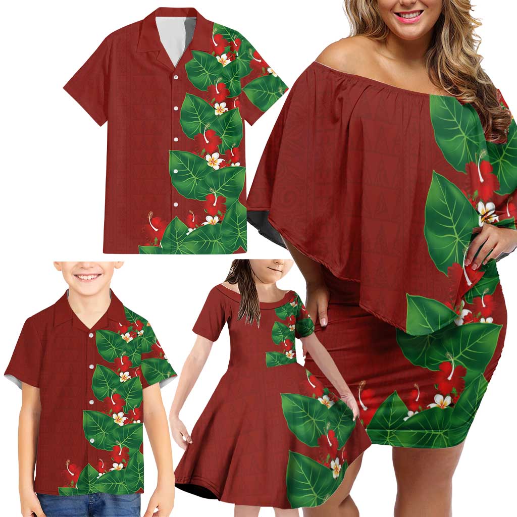 Hawaiian Taro Leaves-Hibiscus and Plumeria Family Matching Off Shoulder Short Dress and Hawaiian Shirt Polynesian Art-Kakau Tattoo Red