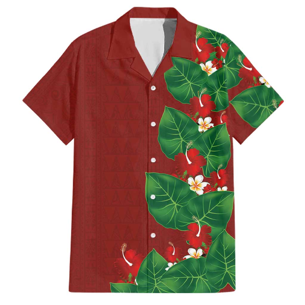 Hawaiian Taro Leaves-Hibiscus and Plumeria Family Matching Off Shoulder Short Dress and Hawaiian Shirt Polynesian Art-Kakau Tattoo Red