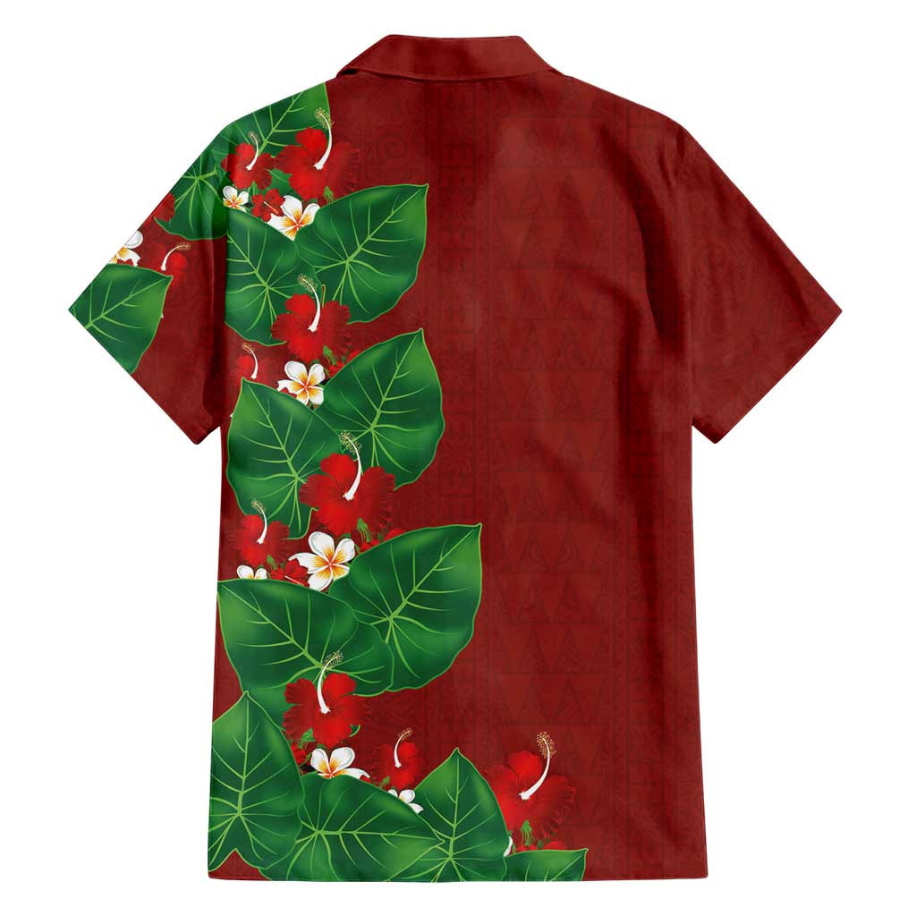 Hawaiian Taro Leaves-Hibiscus and Plumeria Family Matching Off Shoulder Short Dress and Hawaiian Shirt Polynesian Art-Kakau Tattoo Red