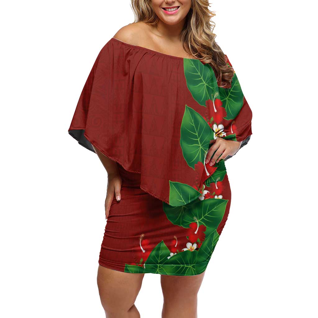 Hawaiian Taro Leaves-Hibiscus and Plumeria Family Matching Off Shoulder Short Dress and Hawaiian Shirt Polynesian Art-Kakau Tattoo Red