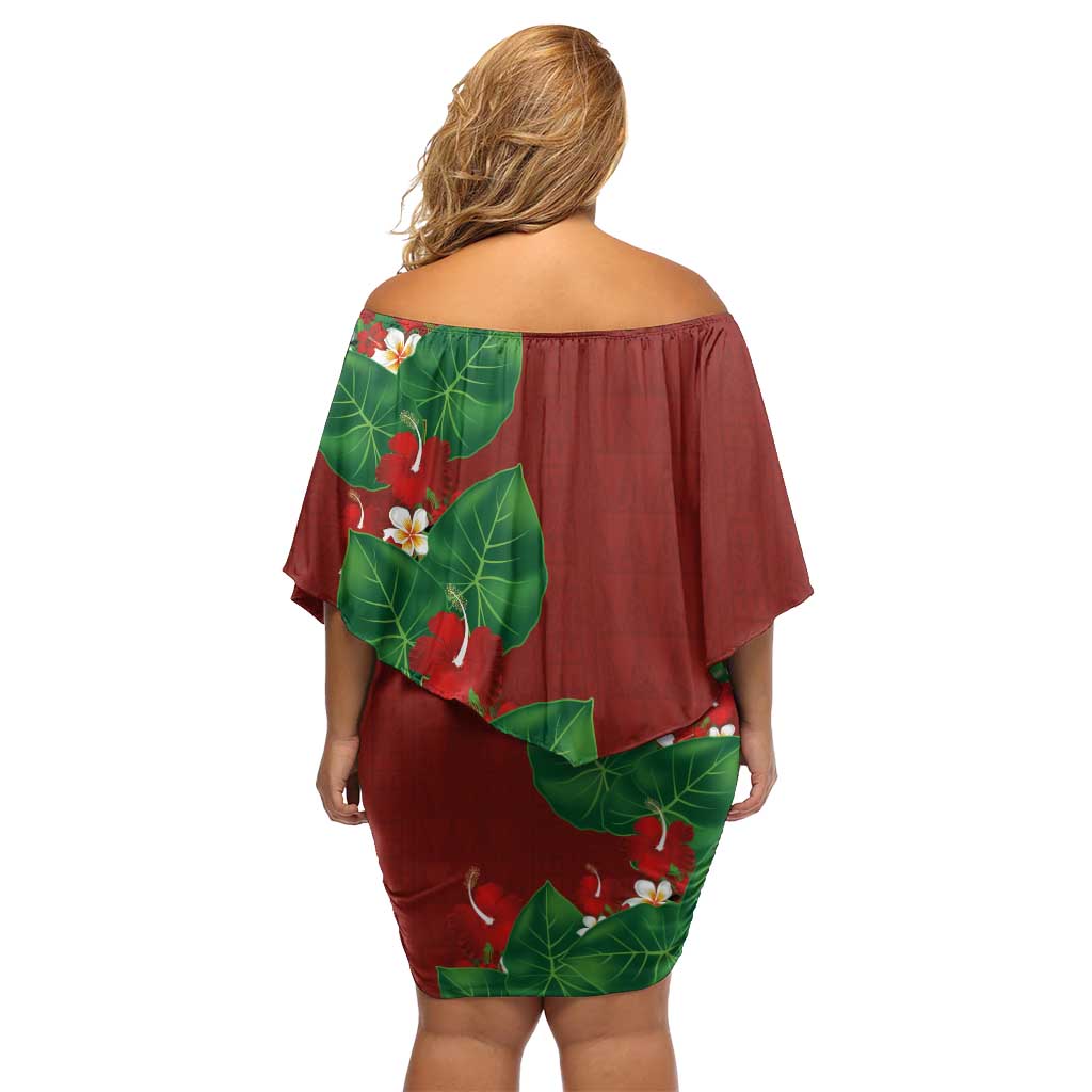 Hawaiian Taro Leaves-Hibiscus and Plumeria Family Matching Off Shoulder Short Dress and Hawaiian Shirt Polynesian Art-Kakau Tattoo Red