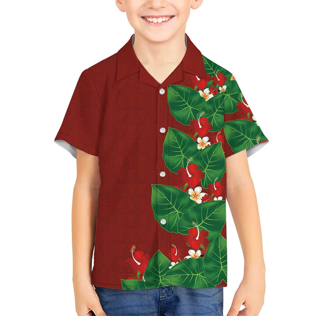 Hawaiian Taro Leaves-Hibiscus and Plumeria Family Matching Off Shoulder Short Dress and Hawaiian Shirt Polynesian Art-Kakau Tattoo Red