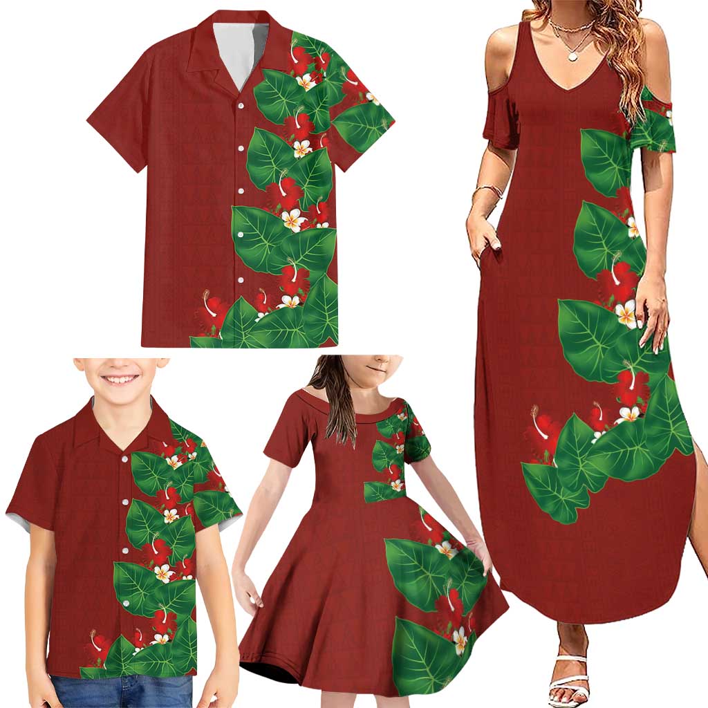 Hawaiian Taro Leaves-Hibiscus and Plumeria Family Matching Summer Maxi Dress and Hawaiian Shirt Polynesian Art-Kakau Tattoo Red