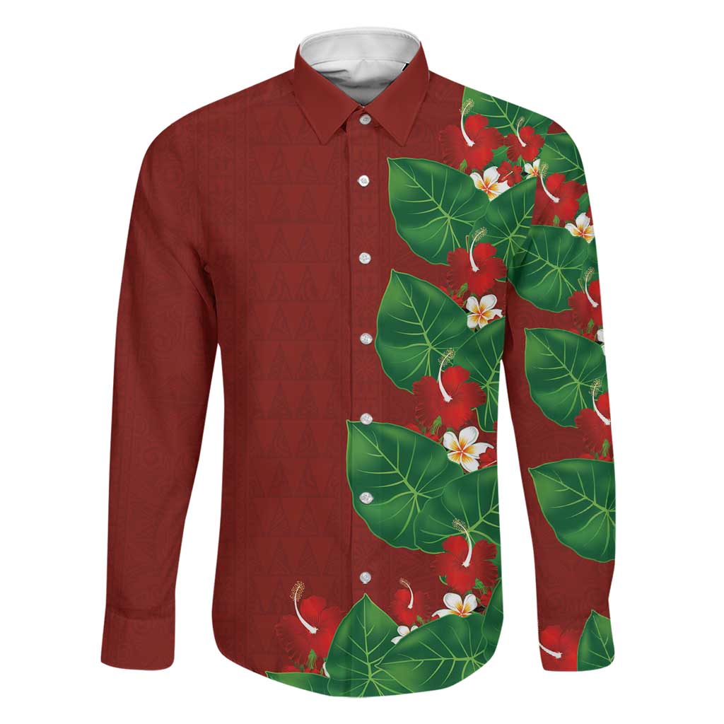 Hawaiian Taro Leaves-Hibiscus and Plumeria Family Matching Summer Maxi Dress and Hawaiian Shirt Polynesian Art-Kakau Tattoo Red