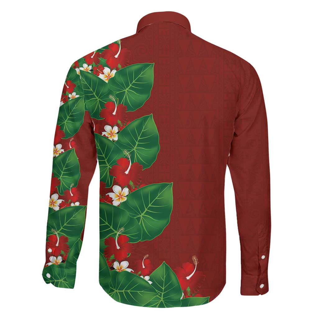 Hawaiian Taro Leaves-Hibiscus and Plumeria Family Matching Summer Maxi Dress and Hawaiian Shirt Polynesian Art-Kakau Tattoo Red