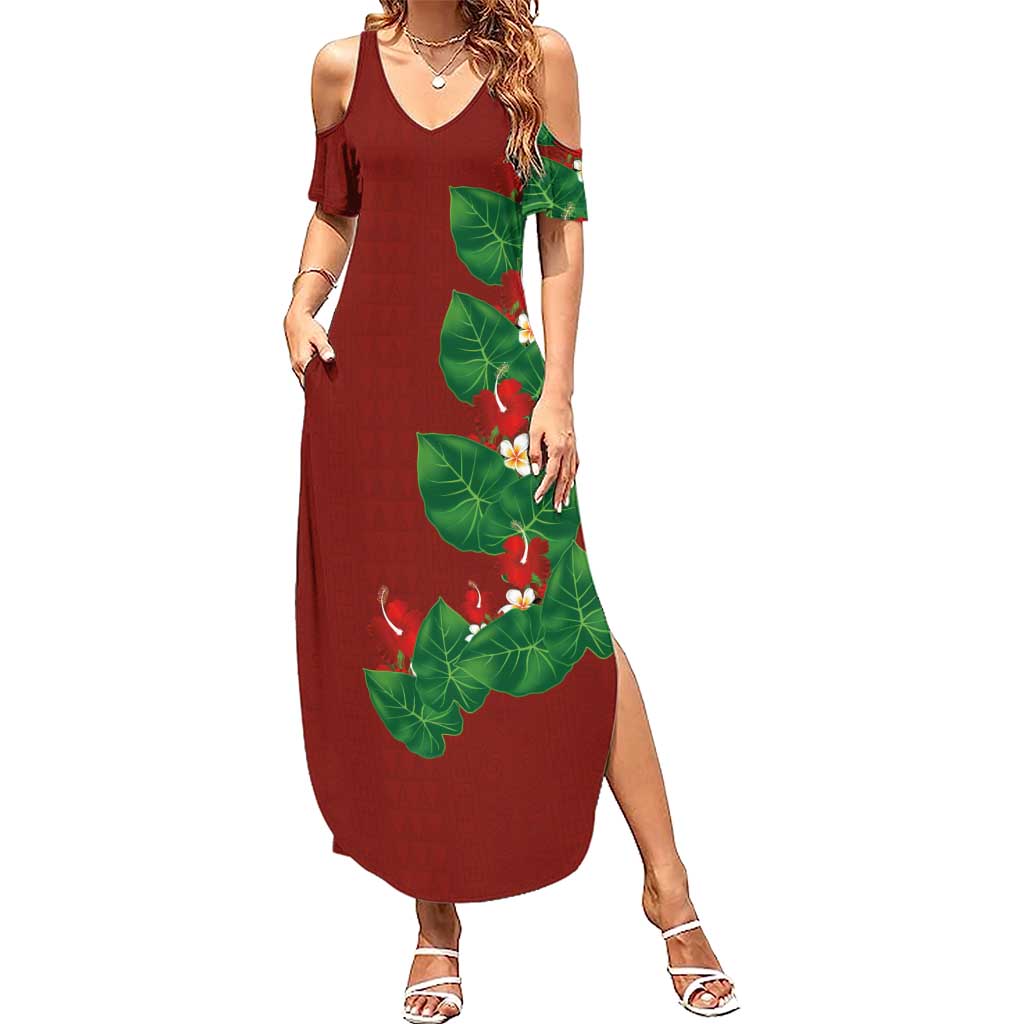 Hawaiian Taro Leaves-Hibiscus and Plumeria Family Matching Summer Maxi Dress and Hawaiian Shirt Polynesian Art-Kakau Tattoo Red