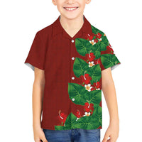 Hawaiian Taro Leaves-Hibiscus and Plumeria Family Matching Summer Maxi Dress and Hawaiian Shirt Polynesian Art-Kakau Tattoo Red