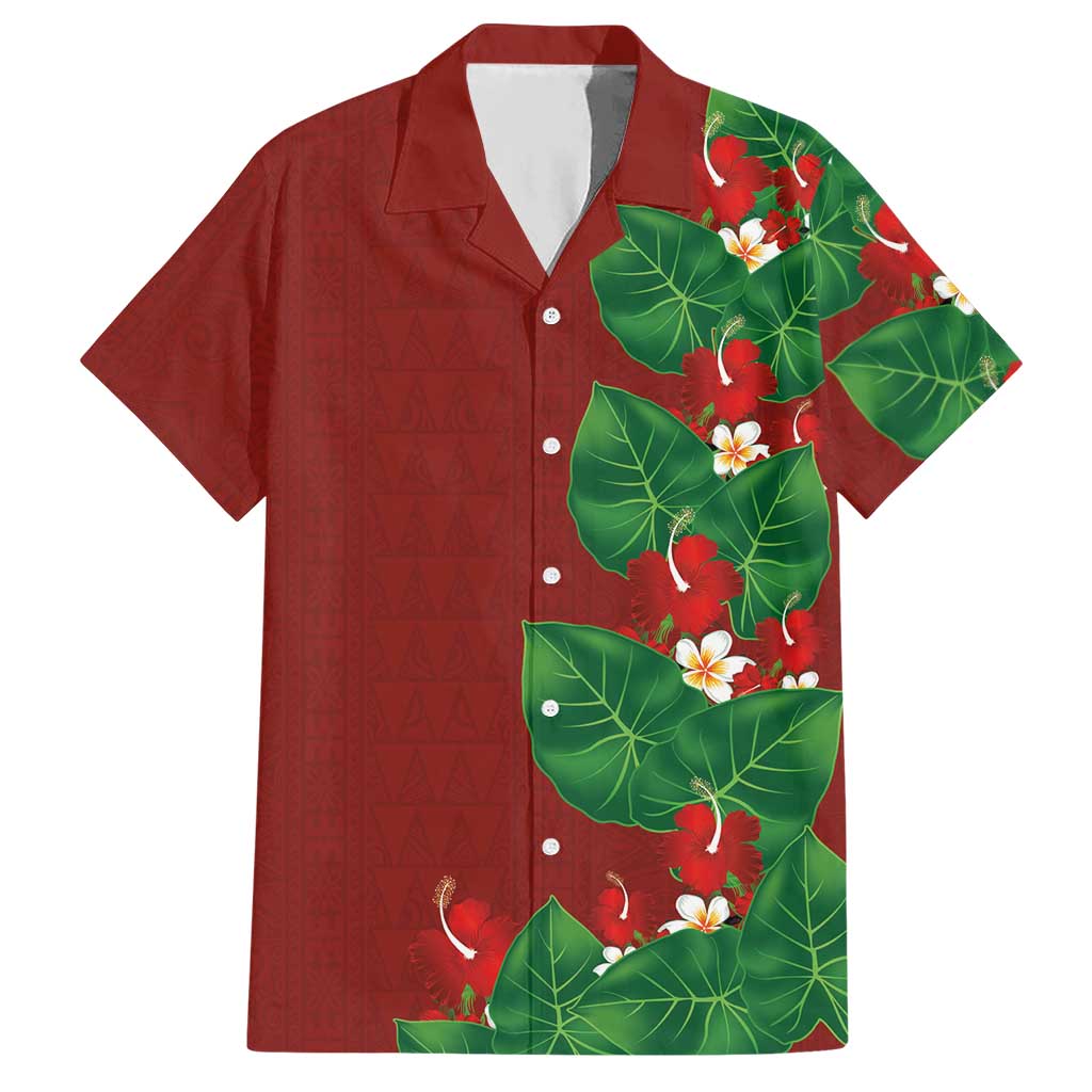 Hawaiian Taro Leaves-Hibiscus and Plumeria Hawaiian Shirt Polynesian Art-Kakau Tattoo Red