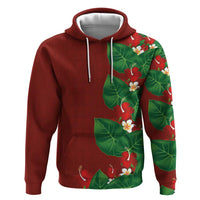 Hawaiian Taro Leaves-Hibiscus and Plumeria Hoodie Polynesian Art-Kakau Tattoo Red