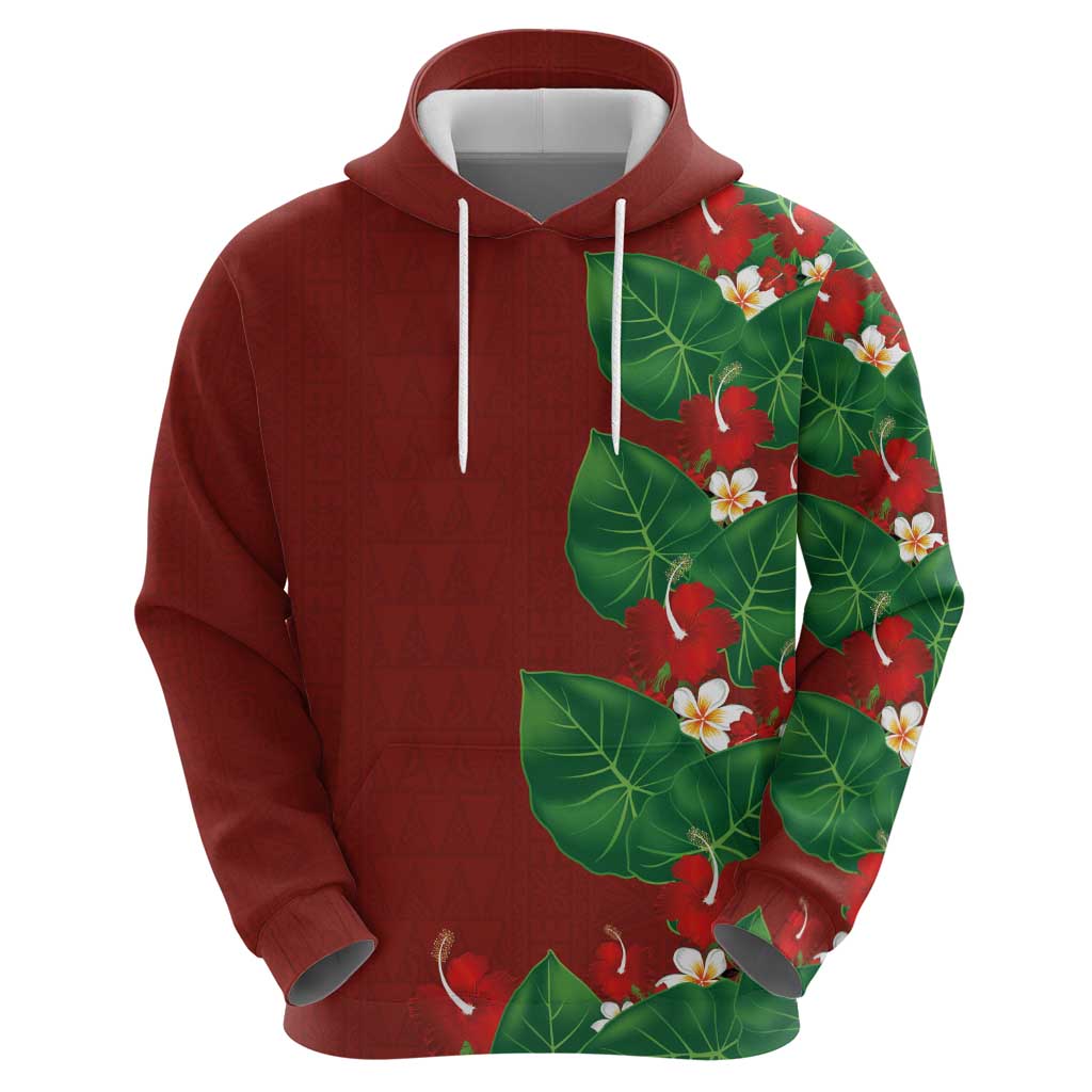Hawaiian Taro Leaves-Hibiscus and Plumeria Hoodie Polynesian Art-Kakau Tattoo Red