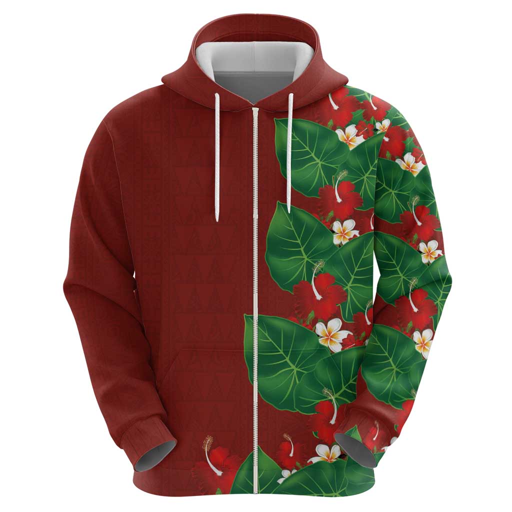 Hawaiian Taro Leaves-Hibiscus and Plumeria Hoodie Polynesian Art-Kakau Tattoo Red