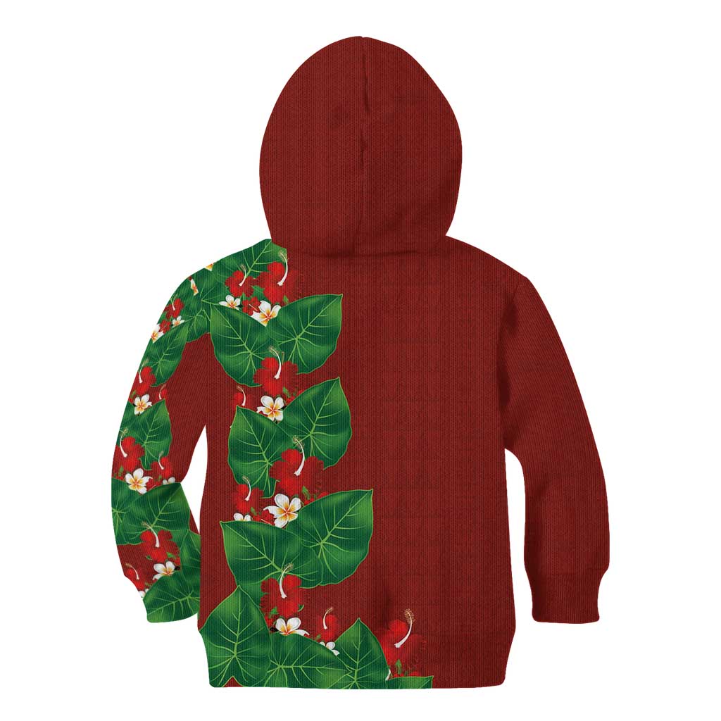 Hawaiian Taro Leaves-Hibiscus and Plumeria Kid Hoodie Polynesian Art-Kakau Tattoo Red