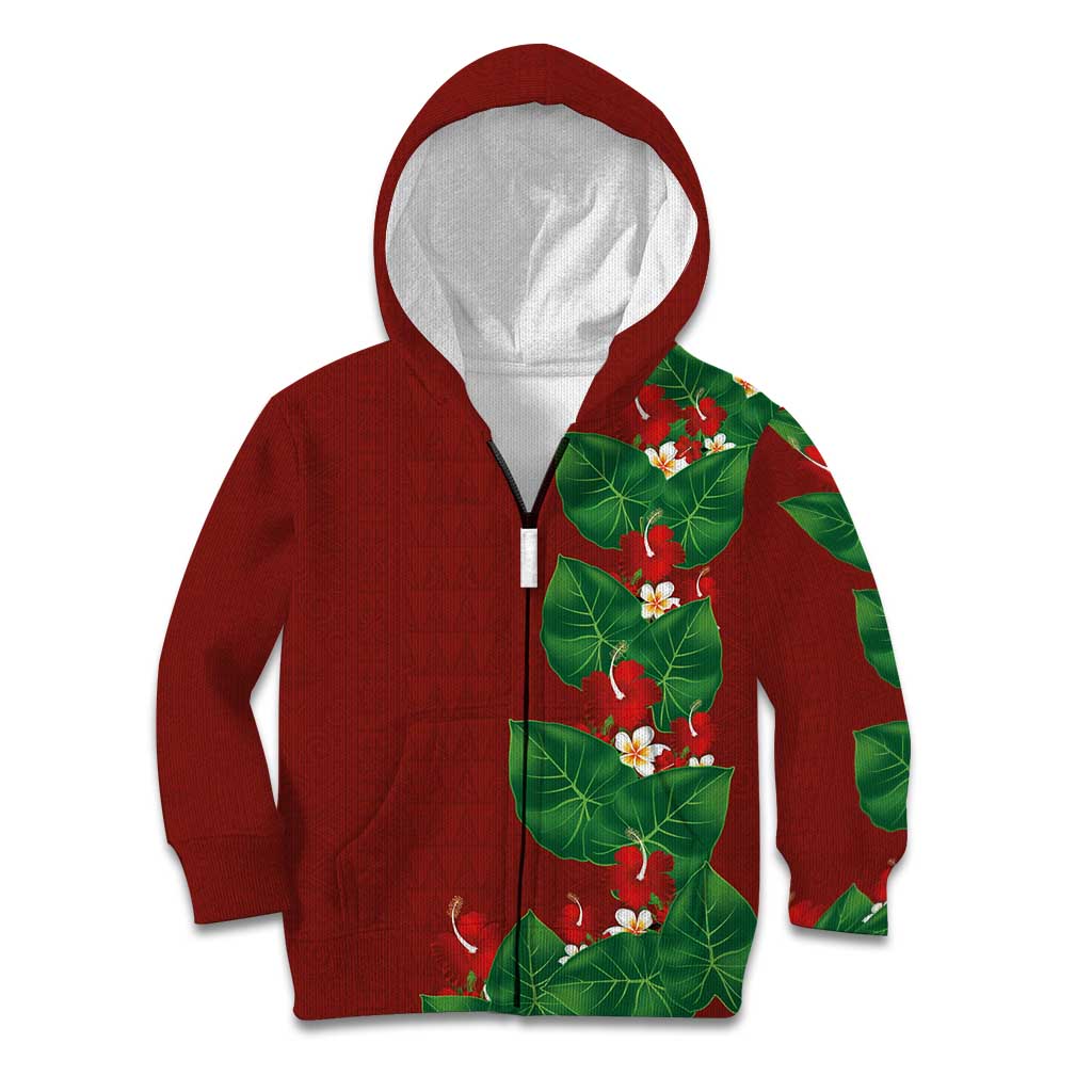 Hawaiian Taro Leaves-Hibiscus and Plumeria Kid Hoodie Polynesian Art-Kakau Tattoo Red