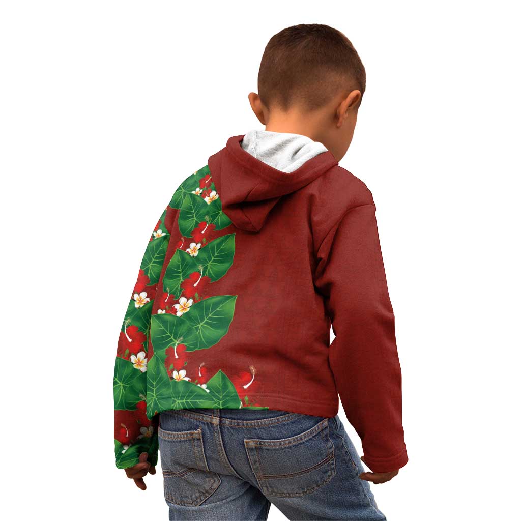Hawaiian Taro Leaves-Hibiscus and Plumeria Kid Hoodie Polynesian Art-Kakau Tattoo Red