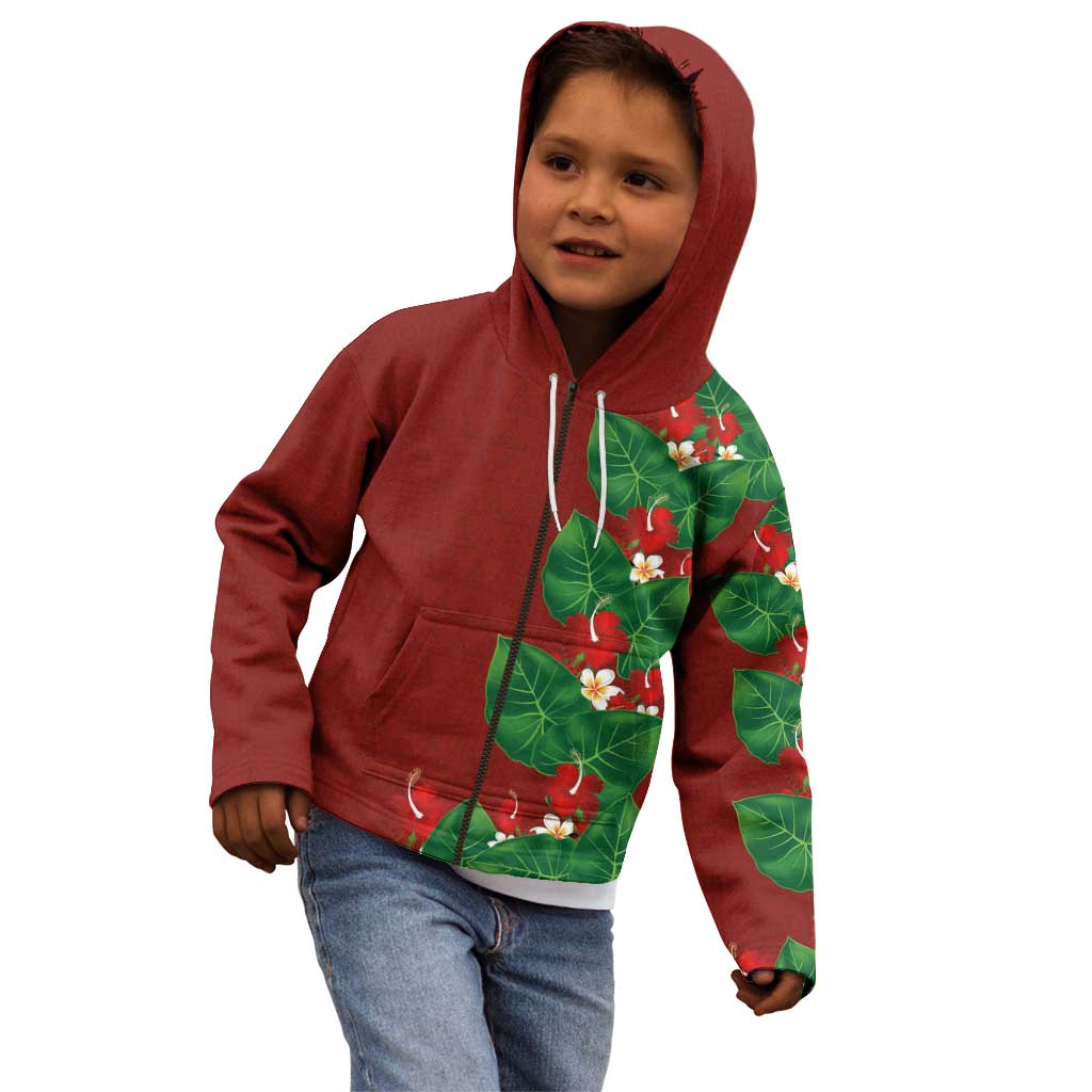 Hawaiian Taro Leaves-Hibiscus and Plumeria Kid Hoodie Polynesian Art-Kakau Tattoo Red