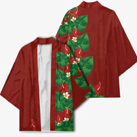 Hawaiian Taro Leaves-Hibiscus and Plumeria Kimono Polynesian Art-Kakau Tattoo Red