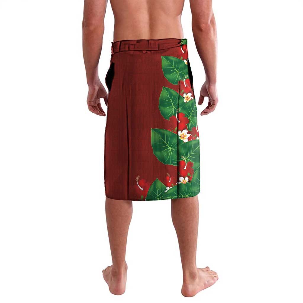 Hawaiian Taro Leaves-Hibiscus and Plumeria Lavalava Polynesian Art-Kakau Tattoo Red