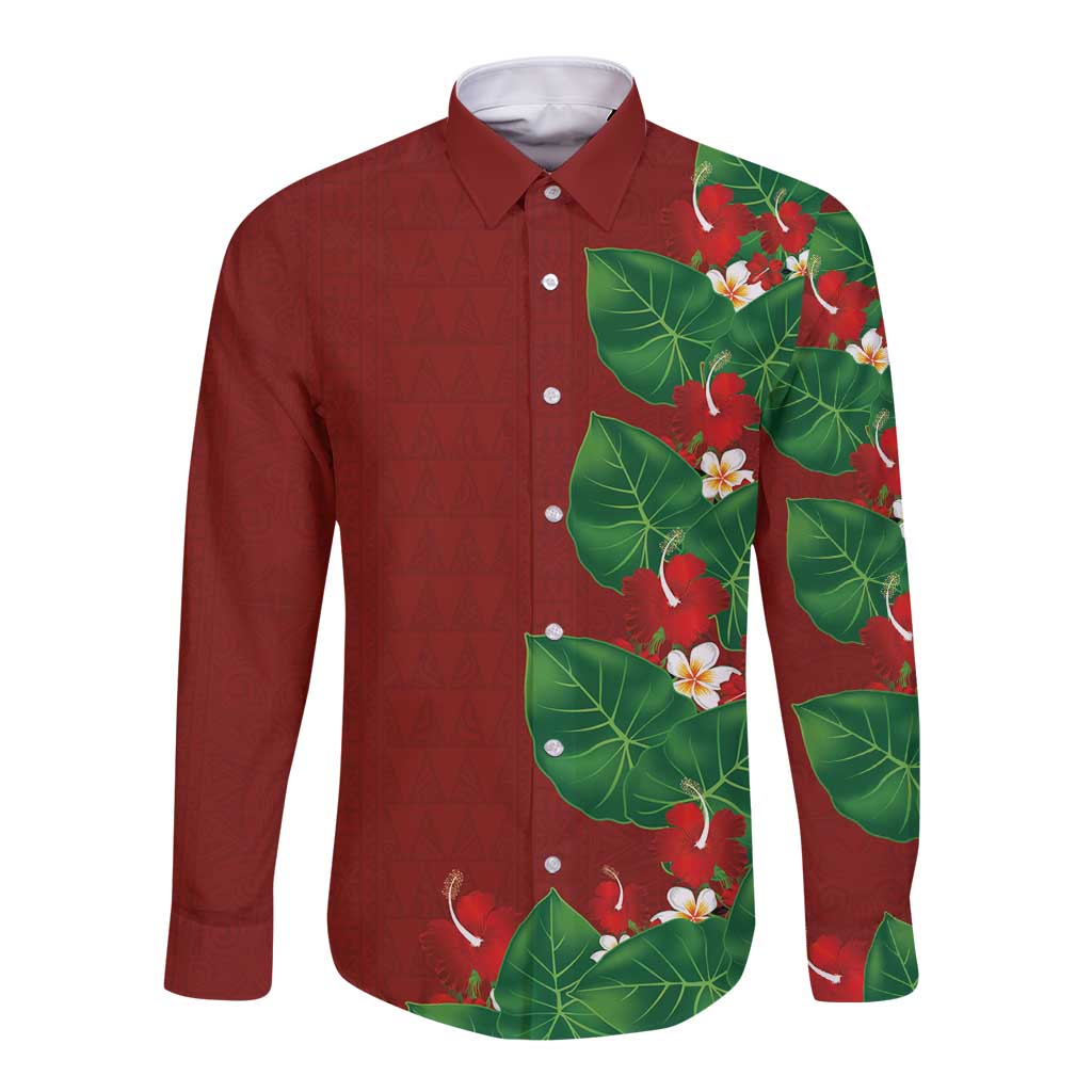 Hawaiian Taro Leaves-Hibiscus and Plumeria Long Sleeve Button Shirt Polynesian Art-Kakau Tattoo Red