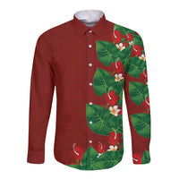 Hawaiian Taro Leaves-Hibiscus and Plumeria Long Sleeve Button Shirt Polynesian Art-Kakau Tattoo Red