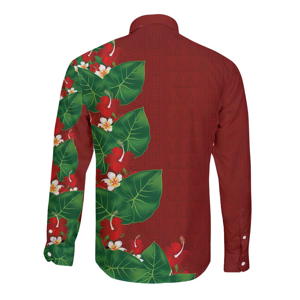Hawaiian Taro Leaves-Hibiscus and Plumeria Long Sleeve Button Shirt Polynesian Art-Kakau Tattoo Red