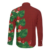 Hawaiian Taro Leaves-Hibiscus and Plumeria Long Sleeve Button Shirt Polynesian Art-Kakau Tattoo Red