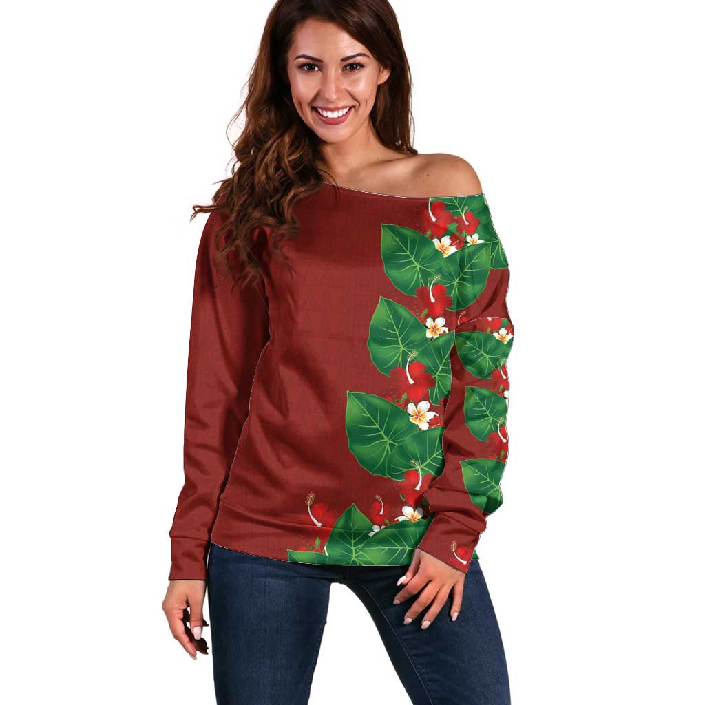 Hawaiian Taro Leaves-Hibiscus and Plumeria Off Shoulder Sweater Polynesian Art-Kakau Tattoo Red