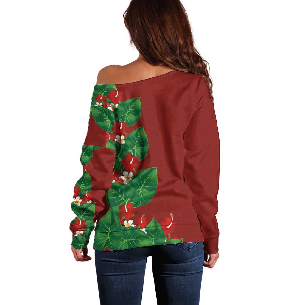 Hawaiian Taro Leaves-Hibiscus and Plumeria Off Shoulder Sweater Polynesian Art-Kakau Tattoo Red