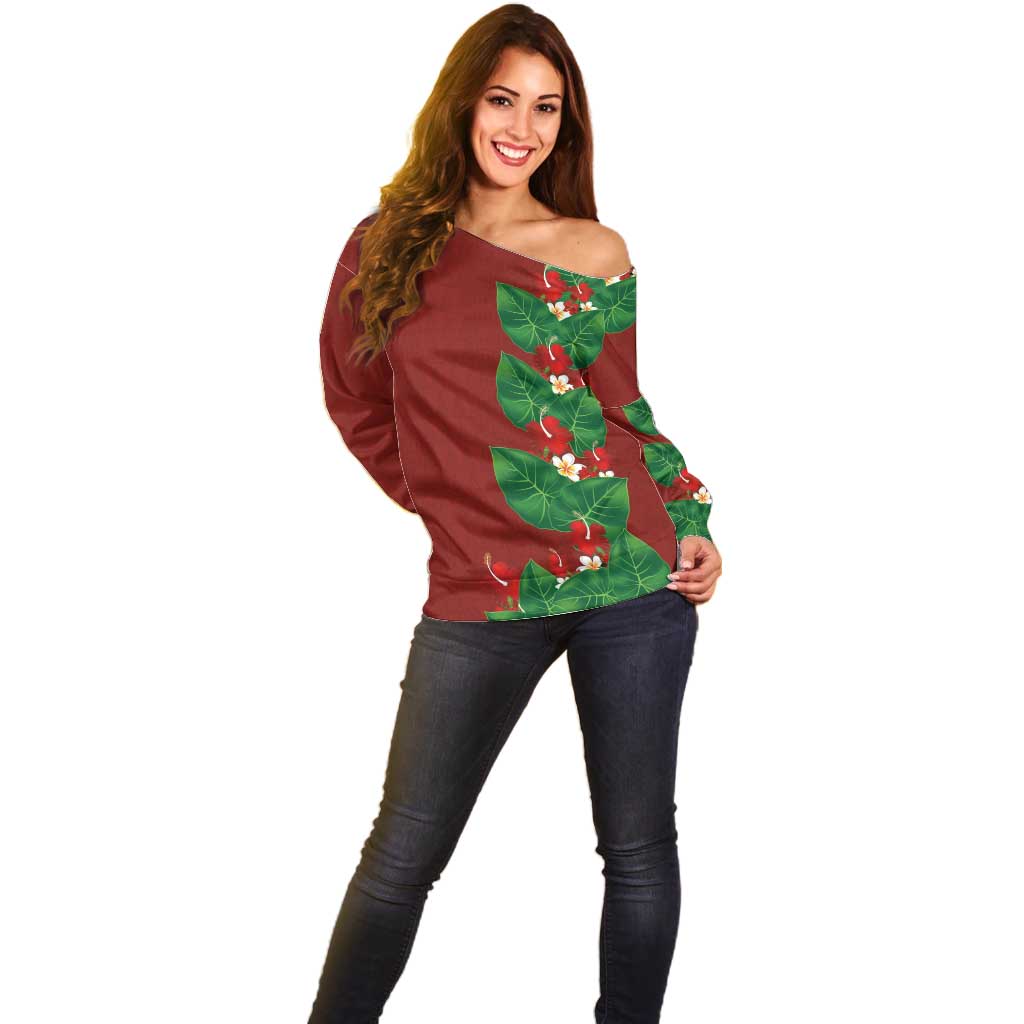 Hawaiian Taro Leaves-Hibiscus and Plumeria Off Shoulder Sweater Polynesian Art-Kakau Tattoo Red