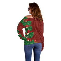 Hawaiian Taro Leaves-Hibiscus and Plumeria Off Shoulder Sweater Polynesian Art-Kakau Tattoo Red