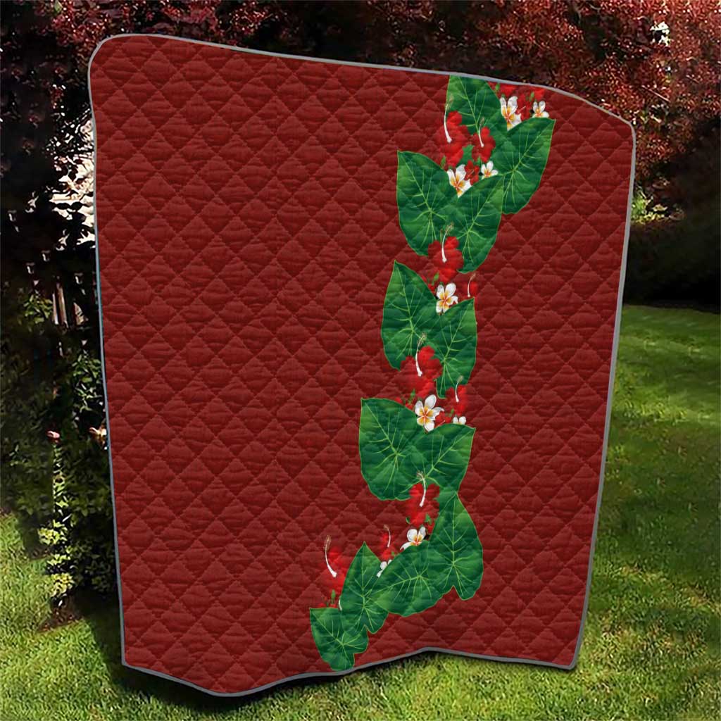 Hawaiian Taro Leaves-Hibiscus and Plumeria Quilt Polynesian Art-Kakau Tattoo Red