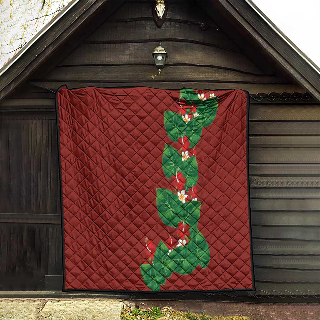 Hawaiian Taro Leaves-Hibiscus and Plumeria Quilt Polynesian Art-Kakau Tattoo Red