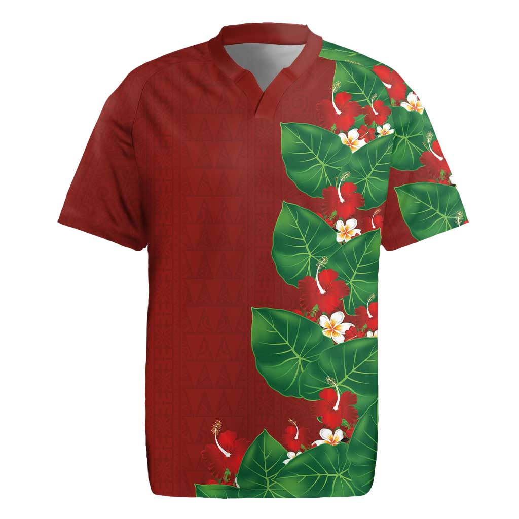 Hawaiian Taro Leaves-Hibiscus and Plumeria Rugby Jersey Polynesian Art-Kakau Tattoo Red