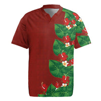 Hawaiian Taro Leaves-Hibiscus and Plumeria Rugby Jersey Polynesian Art-Kakau Tattoo Red