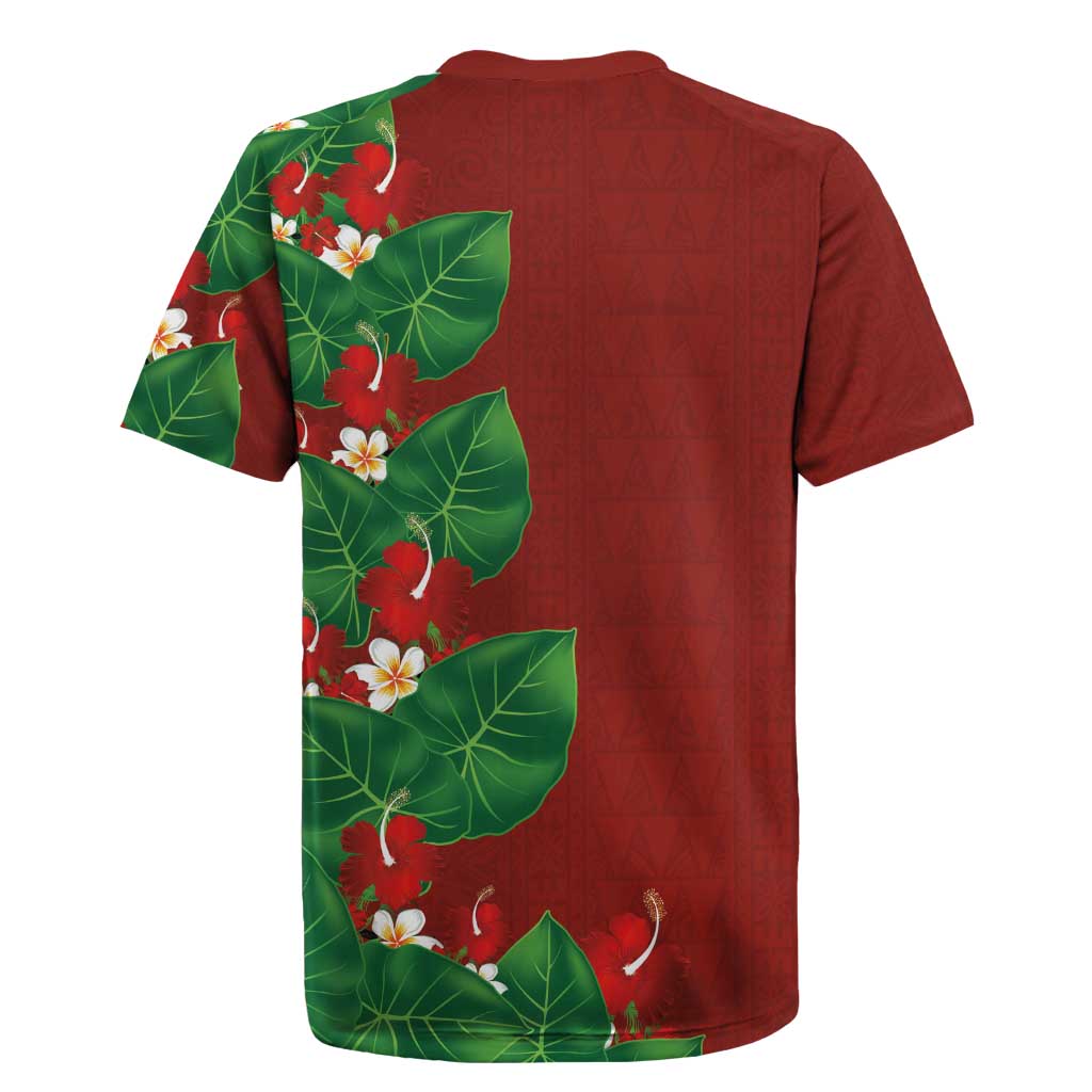 Hawaiian Taro Leaves-Hibiscus and Plumeria Rugby Jersey Polynesian Art-Kakau Tattoo Red