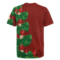 Hawaiian Taro Leaves-Hibiscus and Plumeria Rugby Jersey Polynesian Art-Kakau Tattoo Red