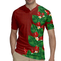 Hawaiian Taro Leaves-Hibiscus and Plumeria Rugby Jersey Polynesian Art-Kakau Tattoo Red