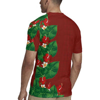 Hawaiian Taro Leaves-Hibiscus and Plumeria Rugby Jersey Polynesian Art-Kakau Tattoo Red