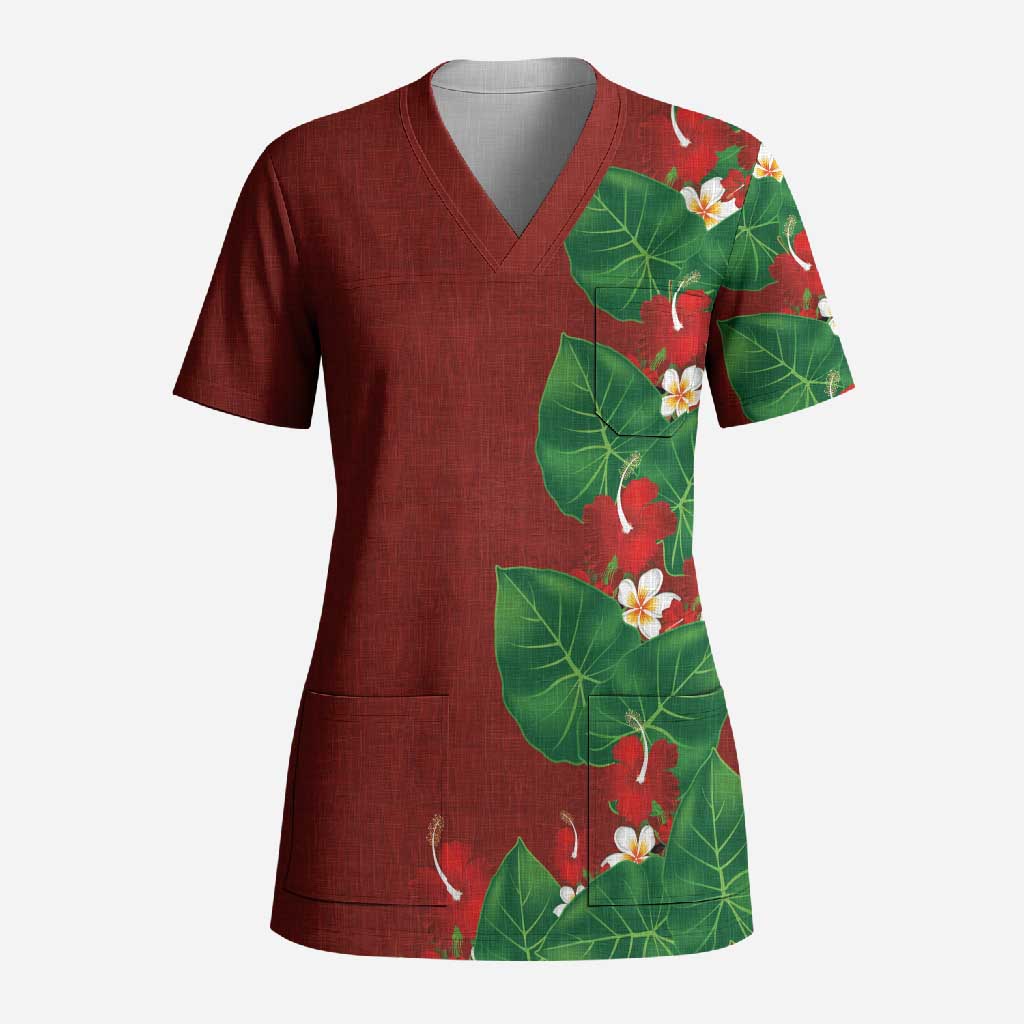 Hawaiian Taro Leaves-Hibiscus and Plumeria Scrub Top Polynesian Art-Kakau Tattoo Red