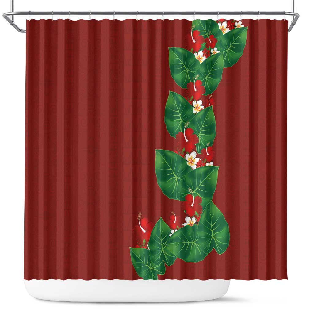 Hawaiian Taro Leaves-Hibiscus and Plumeria Shower Curtain Polynesian Art-Kakau Tattoo Red