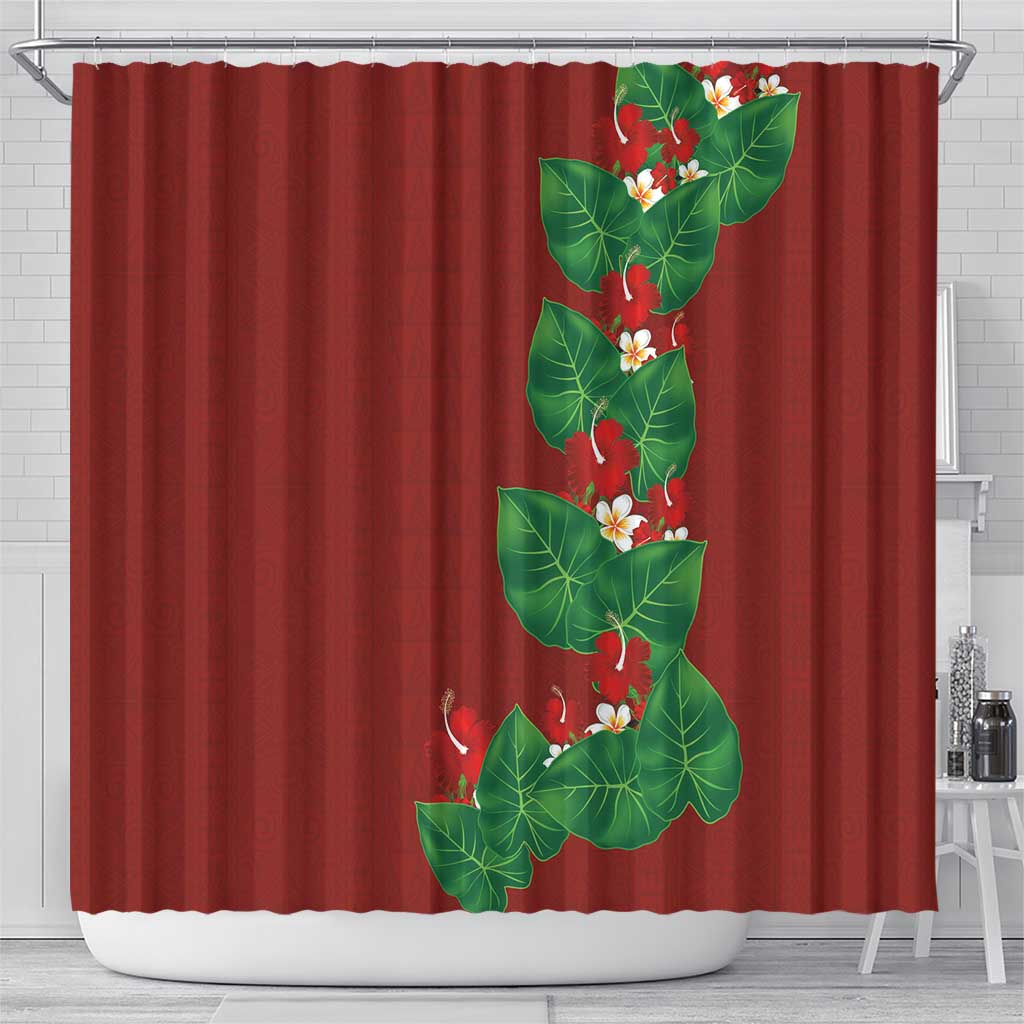 Hawaiian Taro Leaves-Hibiscus and Plumeria Shower Curtain Polynesian Art-Kakau Tattoo Red