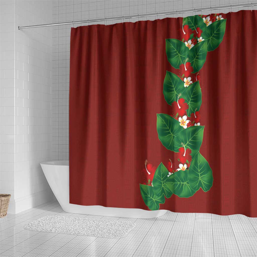 Hawaiian Taro Leaves-Hibiscus and Plumeria Shower Curtain Polynesian Art-Kakau Tattoo Red