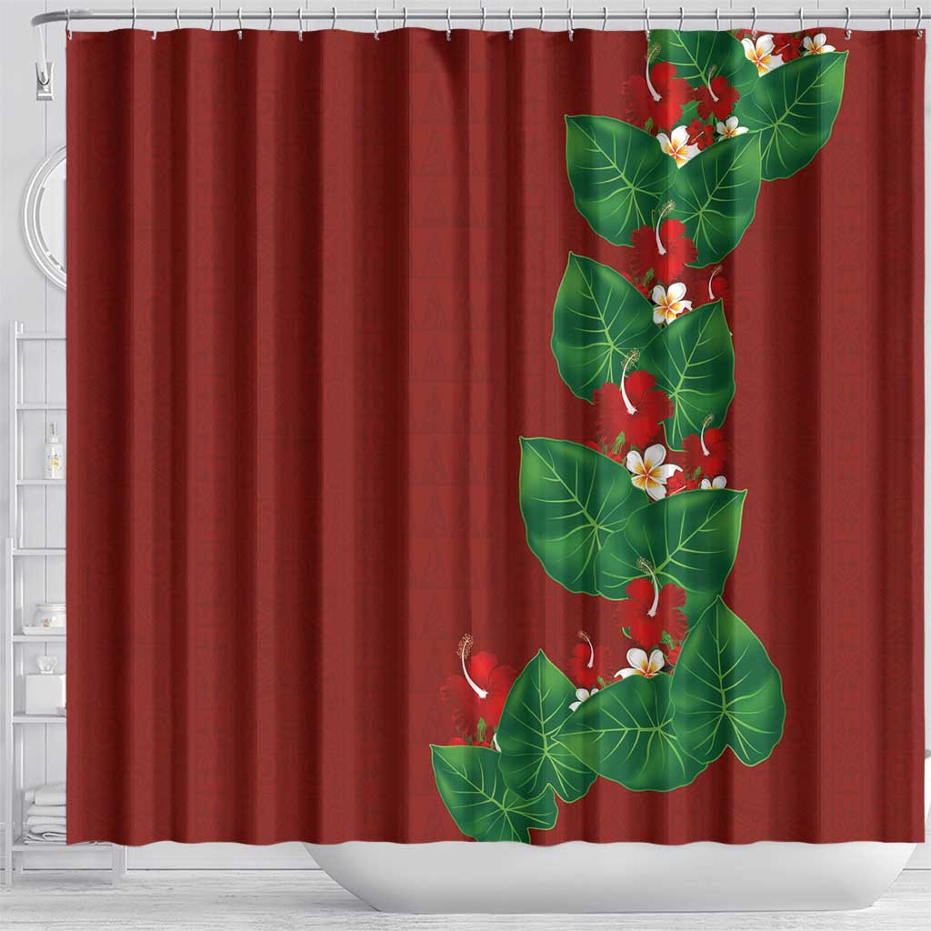 Hawaiian Taro Leaves-Hibiscus and Plumeria Shower Curtain Polynesian Art-Kakau Tattoo Red