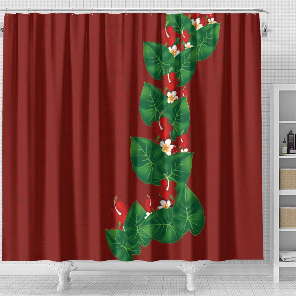Hawaiian Taro Leaves-Hibiscus and Plumeria Shower Curtain Polynesian Art-Kakau Tattoo Red