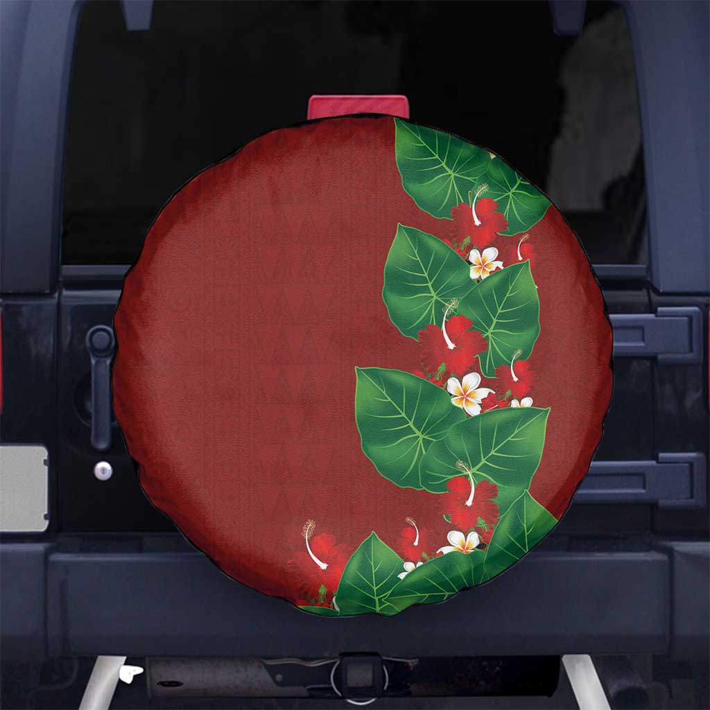 Hawaiian Taro Leaves-Hibiscus and Plumeria Spare Tire Cover Polynesian Art-Kakau Tattoo Red
