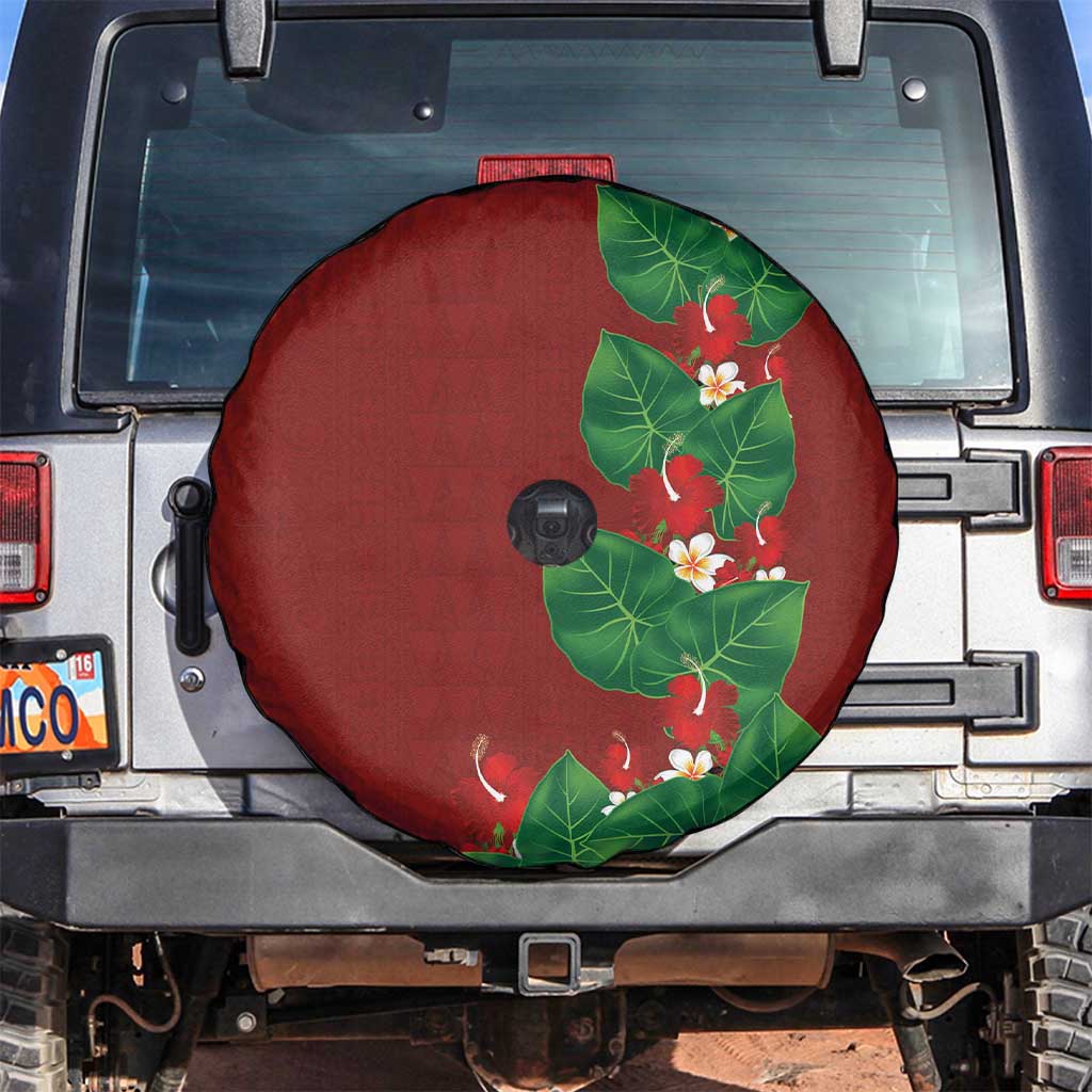 Hawaiian Taro Leaves-Hibiscus and Plumeria Spare Tire Cover Polynesian Art-Kakau Tattoo Red